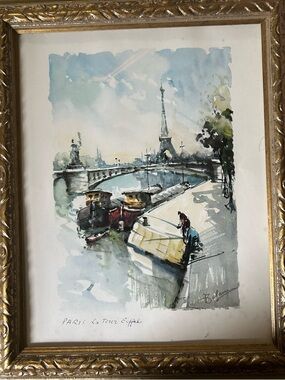 Vintage Eiffel Tower authentic Watercolor - Blue and Cream with original frame